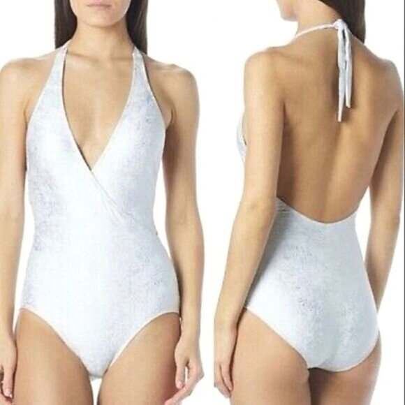 CARMEN Marc Valvo Wild Story Silver Foil Surplus 1 Piece Bathing Swim Suit Sz 8 - Picture 2 of 5